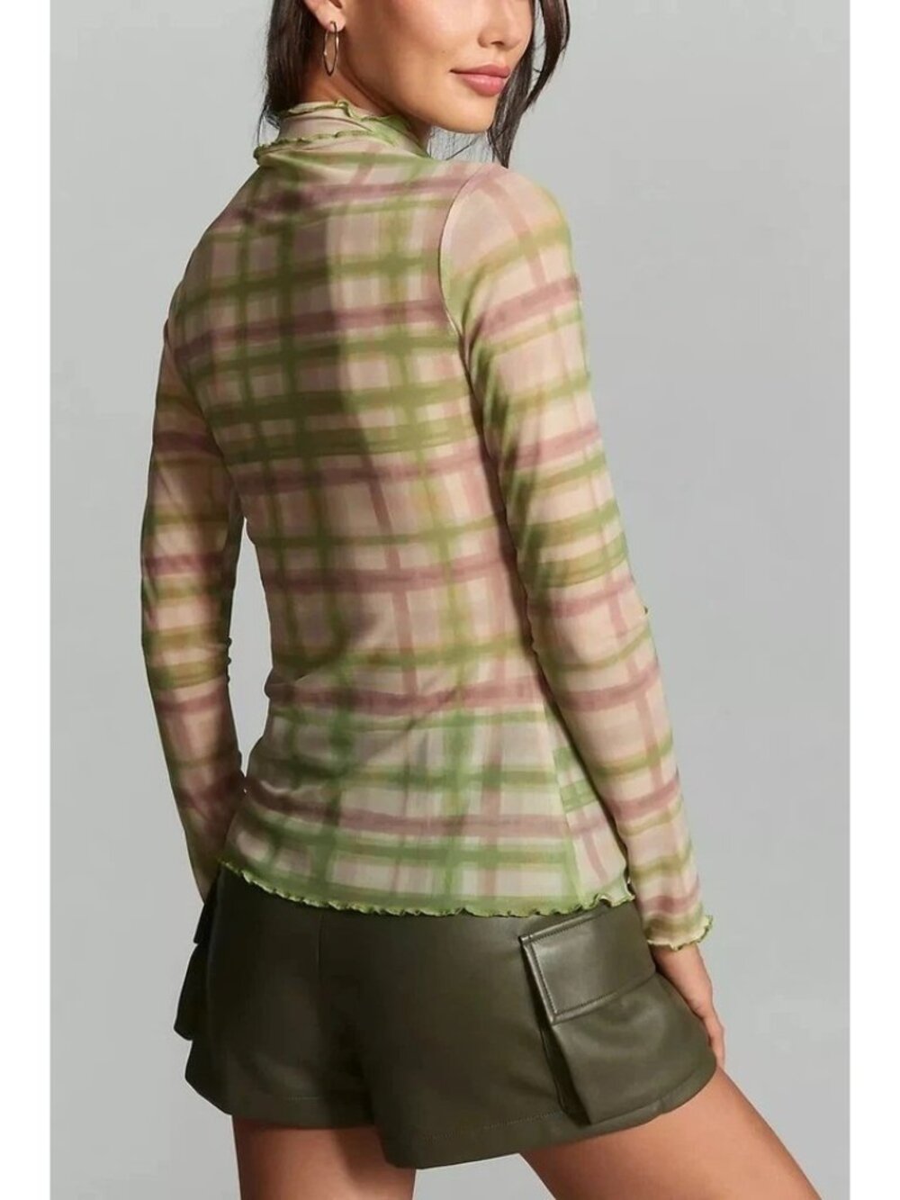 Pilcro Green and Pink Plaid Sheer Mock Neck Top - Picture 4 of 10